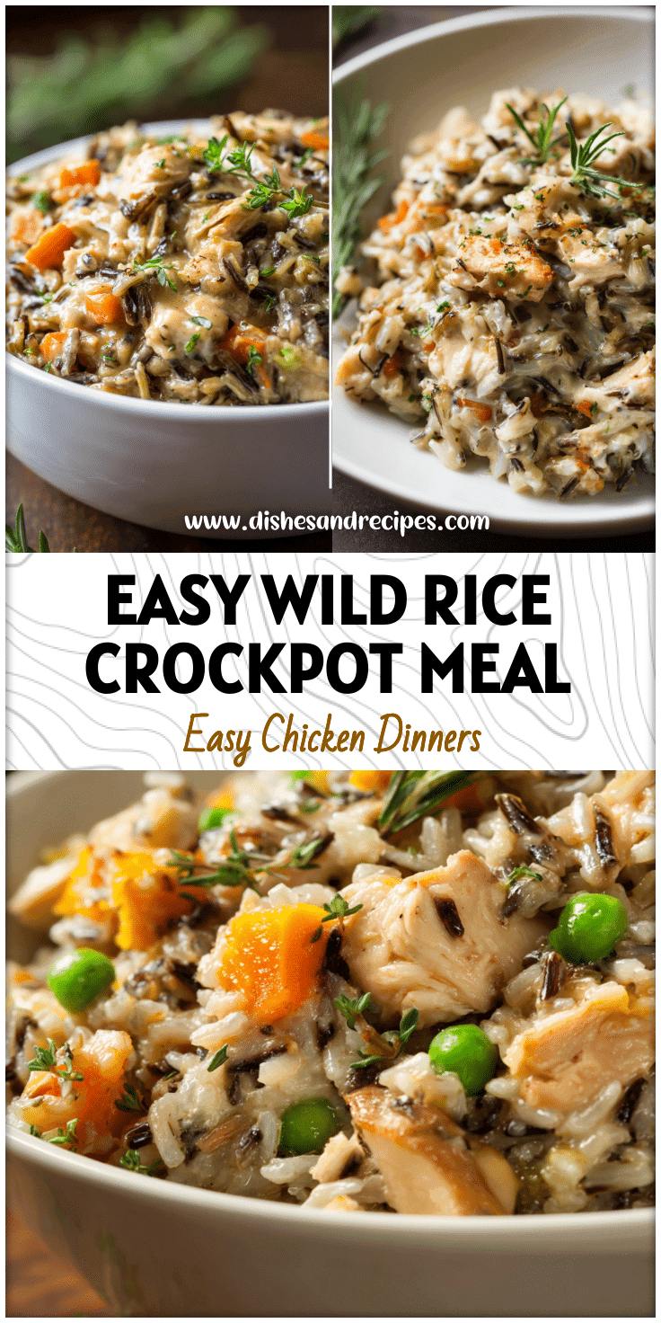 Creamy slow cooker wild rice and chicken casserole served in a white bowl